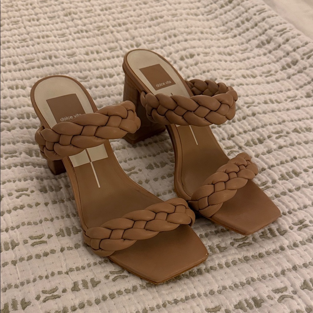 Dolce Vita Braided Tan Square-Toe Block Heel Sandals